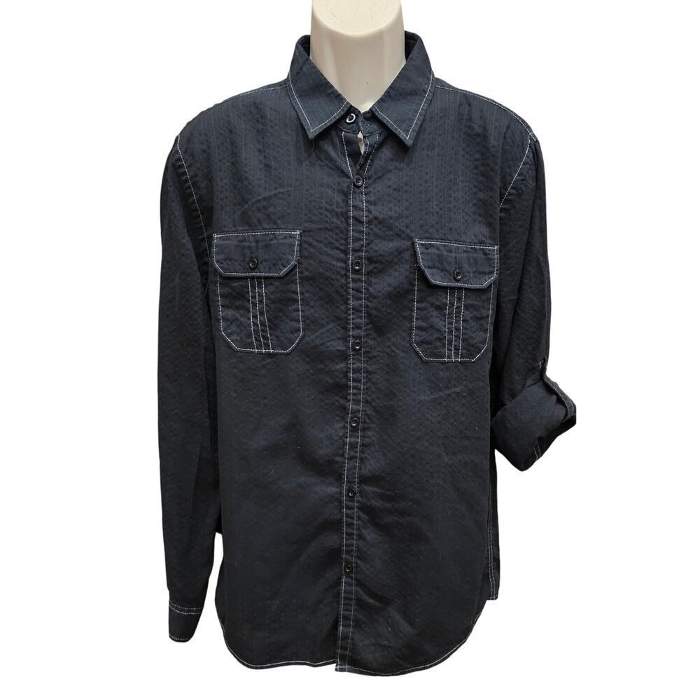Michael Brandon slim fit XL grunge black roll tab sleeve moto comfort button up